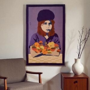 Lrg 80s Handloomed Pop Art Portrait Tapestry Signed Vtg Artwork Folk Loomed